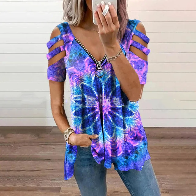 

Summer Sexy T-Shirt Harajuku Hollow Out Short Sleeve Tshirt Casual Printed V-neck Zipper Plus Size Female Pullover Tops Tees