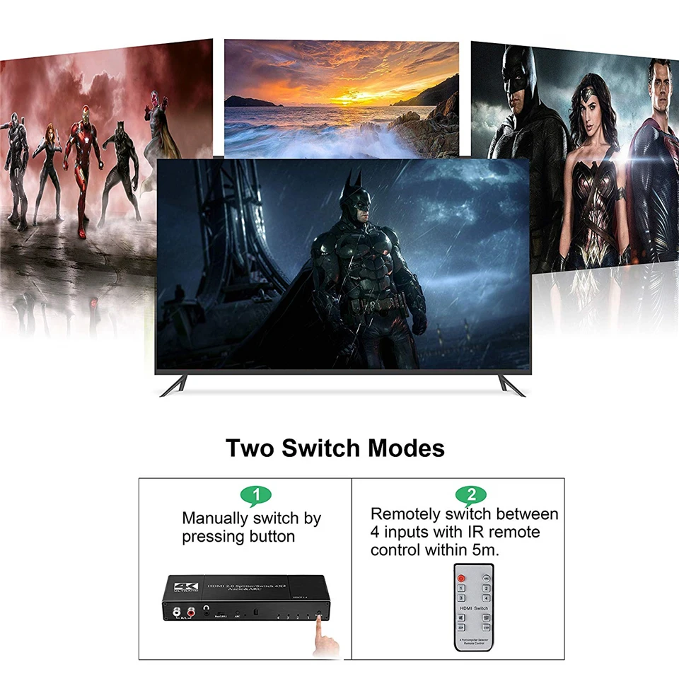 4K HDMI коммутатор 4x2 с дистанционным оптическим Toslink и коаксиальным 4 в 2 Выход HDMI коммутатор 4 порта HDMI 2,0 для Apple tv PS4