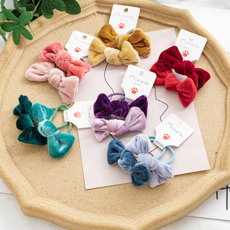 

2 Pcs/Set Children Velvet Hair Scrunchies Bow Hair Band Hair Ring Headdress Hair Rope Set Sweet Cute Comfortable Multi-colored