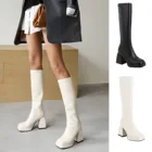 Женские офисные сапоги до колена, черныебелые сапоги с квадратным носком, на высоком каблуке