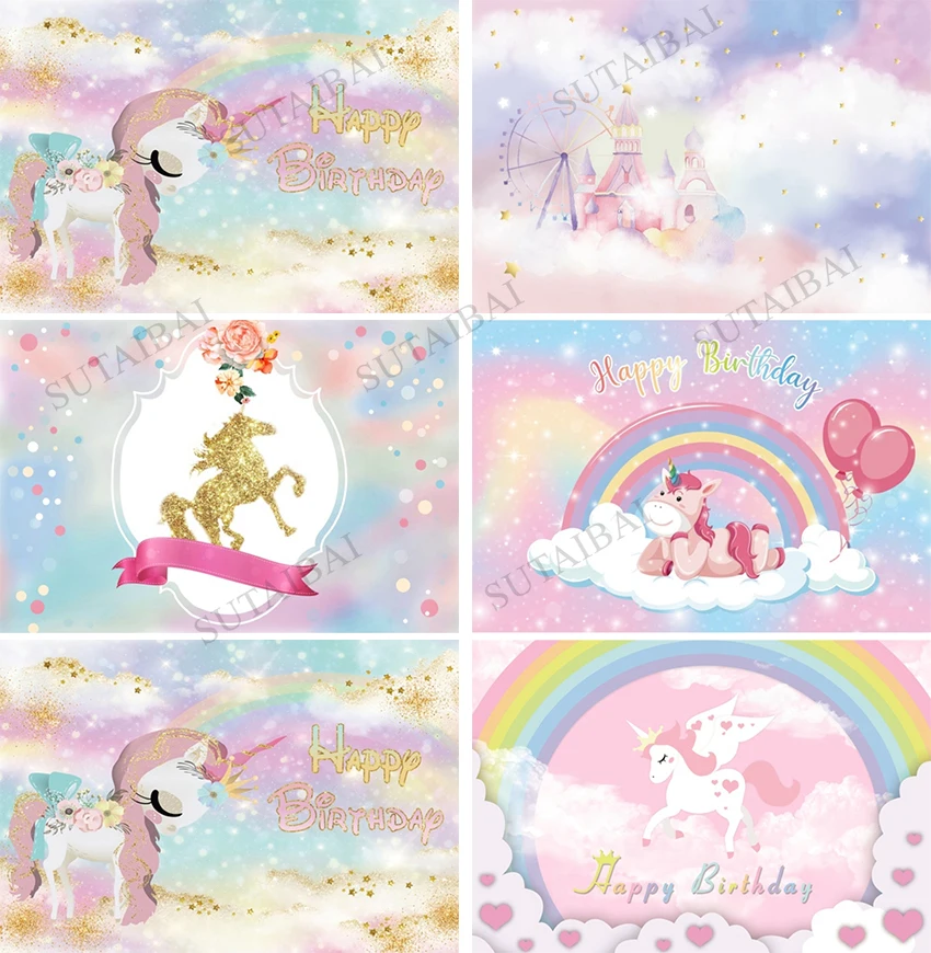 

Baby Unicorn Birthday Photo Backdrop Photocall Glitter Flowers Party Decor Photographic Background for Studio Shoots Props