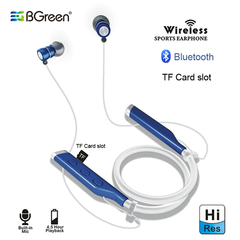 BGreen Bluetooth спортивные наушники Беспроводной стерео гибкие шейным работает гарнитура Поддержка TF карты игральные магнит притяжения