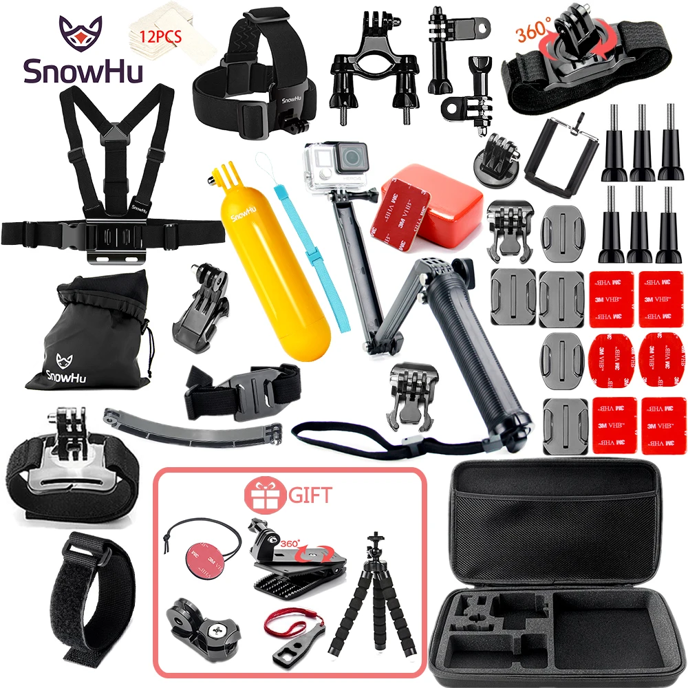 

SnowHu для Gopro 9, набор аксессуаров для go pro hero 9, 8, 7, 6, 5, 4, 3, комплект 3-сторонней палки для селфи для sjcam для Yi 4K, чехол для камеры EVA, GS21