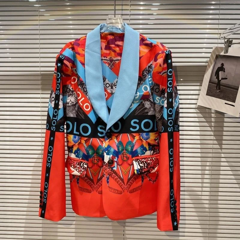 

British Letter Graffiti Contrast Color Long Sleeve Blazer Coat Women 2021 Autumn New Fashion Show Coat