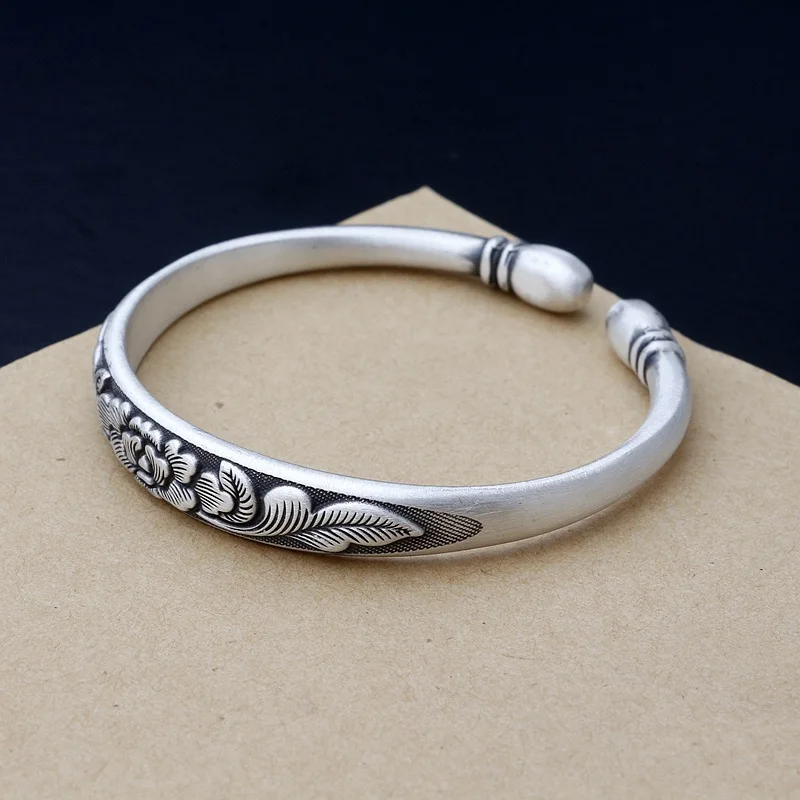 

Pure 925 Sterling Silver Ethnic Style Female Bangle Vivid Carving Gray Peony National Style Bangle Ring Women Classic Jewelry