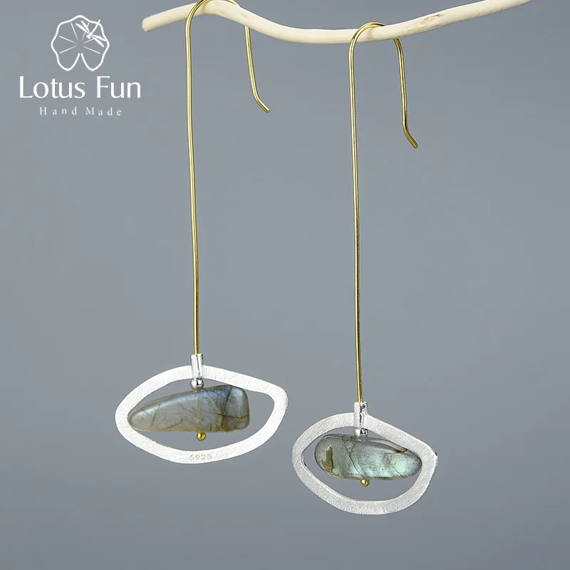 Smaller Lotus весело Настоящее серебро 925 проба Натуральный Лабрадорит Fine Jewelry вращающийся глаза мира длинные Длинные Висячие серьги для Для женщин - Цвет камня: Smaller