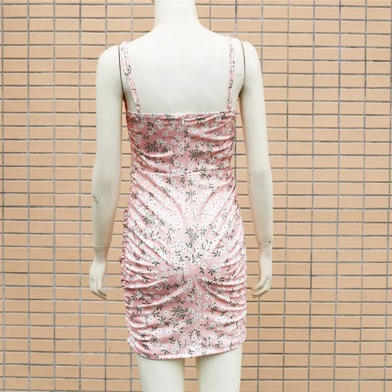 Женское облегающее платье без рукавов с цветочным принтом на тонких бретельках и