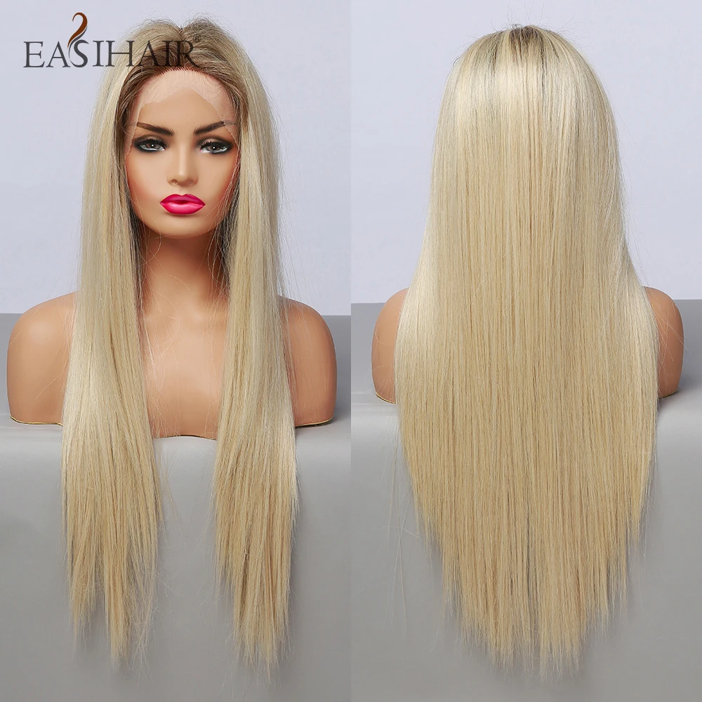 

EASIHAIR Long Straight Lace Front Wigs for Women Brown to Blonde Ombre Synthetic Lace Frontal Wigs with Baby Hair High Density