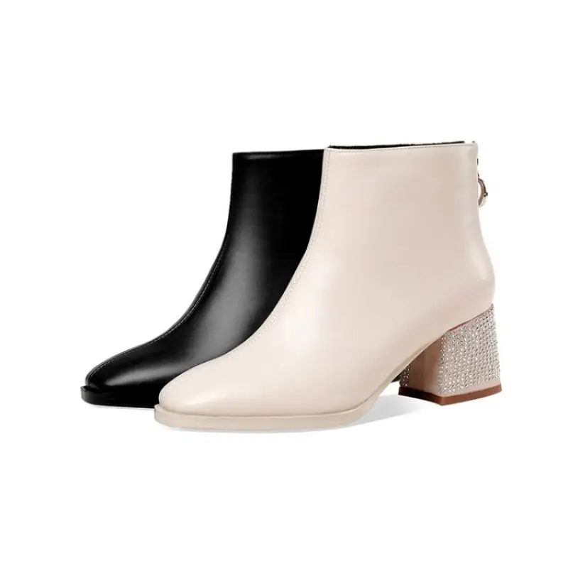 

2020 New Women's Square Toe Martin Boots Thick Heel Short Boots Leather High Heel Beige Single Boots