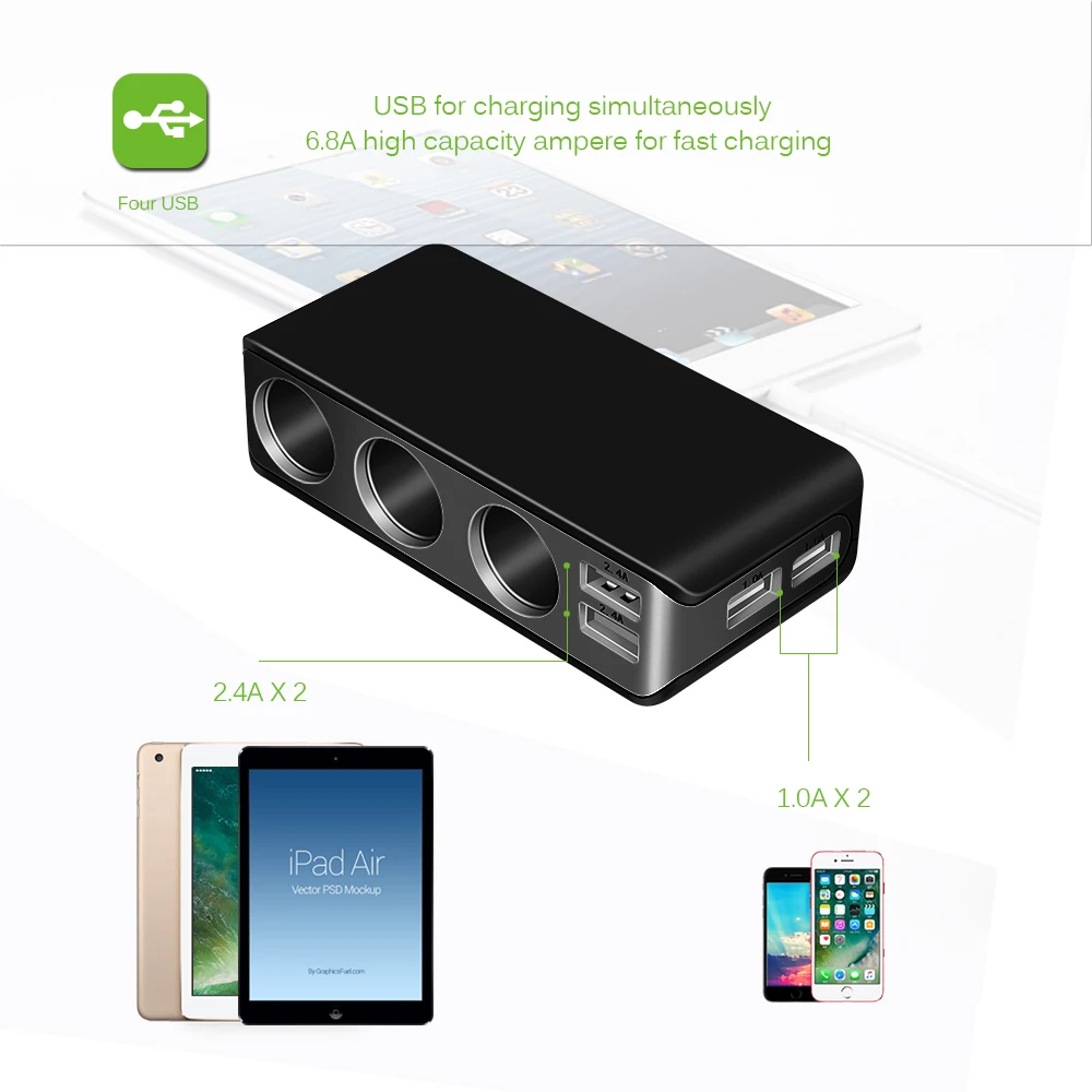 Новое автомобильное зарядное устройство 6.8A 4 USB порта с 3 гнездами прикуривателя