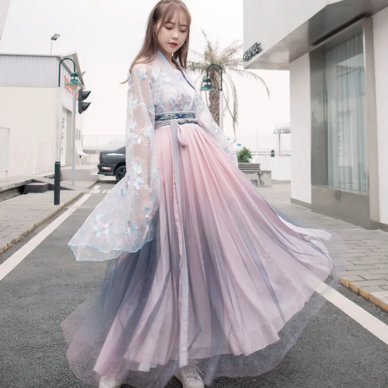 Китайский традиционный розовый Hanfu для женщин хлопок хан элемент юбка элегантный