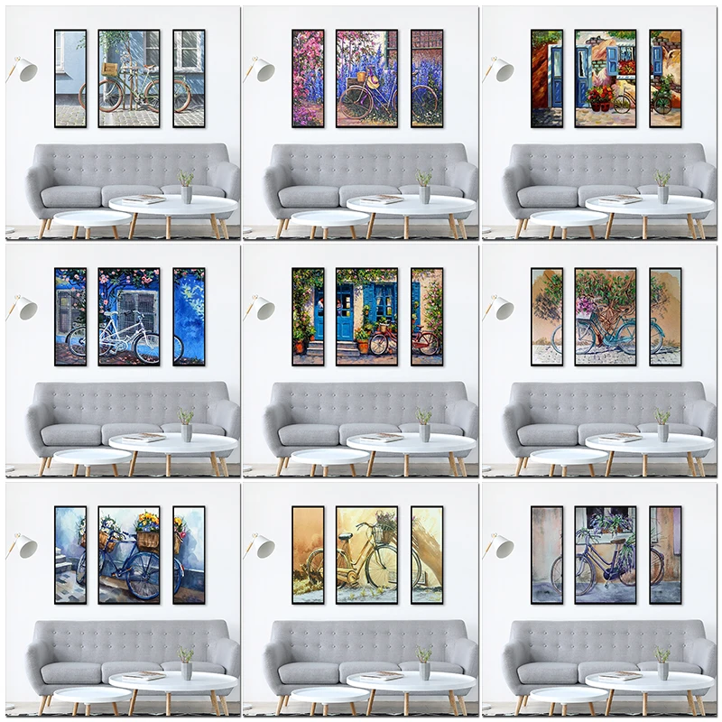 Велосипедный пейзаж CHENISTORY, 3 шт., расписанный вручную, украшение для дома, картины по номерам, рисование холщовых стен