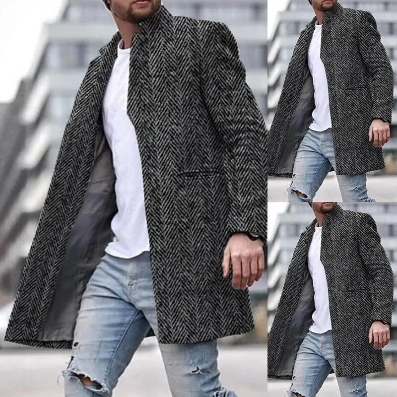 

Men Blended Variegated Overcoat Casual Long-length Coat Lapel Collar Fleece Overcoat Autumn Winter Windbreaker Male Woolen Coat