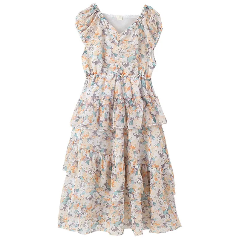 

2021 Summer Girl Floral V-Neck Dresses Kids Tiered A-Line Dress for Children Teenage Girls Chiffon Clothing 3 To 13 Years