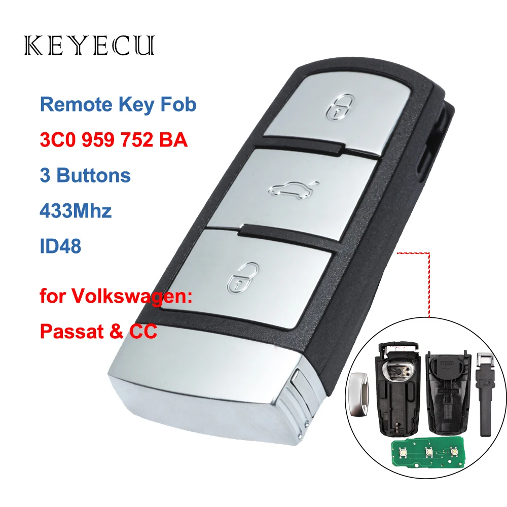 Keyecu 3C0 959 752 BA дистанционный брелок 3B 433 МГц CAN ID48 для VW Volkswagen Passat & CC 2005 2006 2007 2008 2009 2010