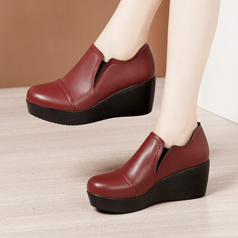 

Plus Size 32-42 43 Quality Platfom Wedges Shoes for Women Fall Winter 2022 High Heels Boots Leather Ankle Boot Deep for Mother