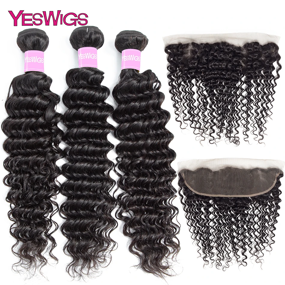 Yeswigs глубокая волна пряди с фронтальной 3/4 шт много малайзийские волосы закрытием