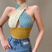 summer women v neck backless off shoulder slim sleeveless camisoles 3 colors patchwork sexy tank tops match colors streetwear