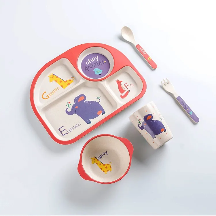 5pcs/set Children Tableware Set Bamboo Fiber Baby Feeding Plates Dishes Bowl With Cup Fork Spoon Cartoon Animal Kids Dinnerware