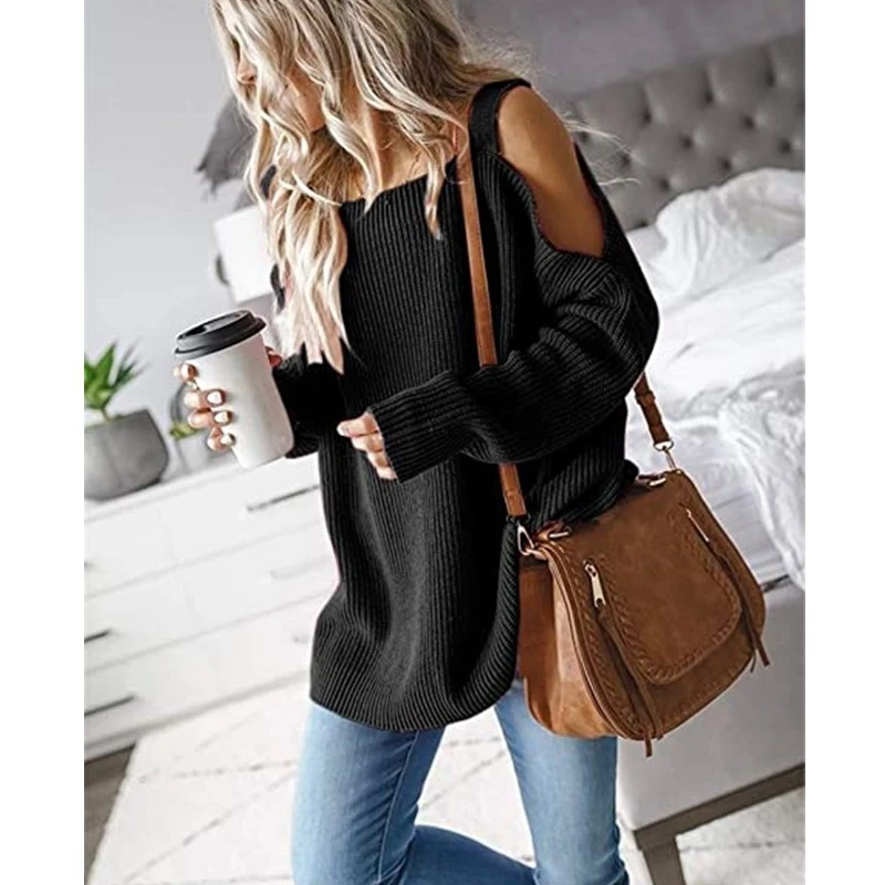 

Women Off Shoulder Strapless Pullover Solid Color Long Sleeves Oversized Sweater Autumn Pullover Sweaters