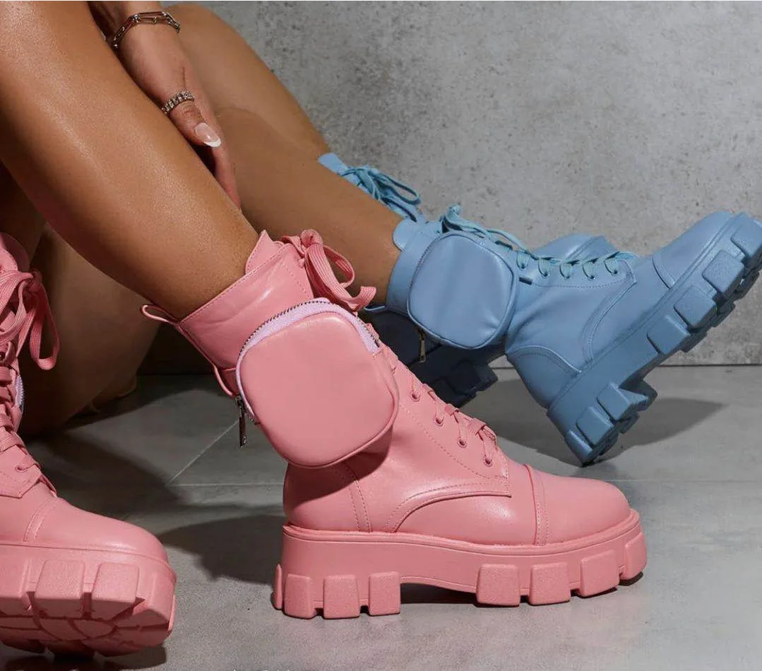 

2021 New Chunky Boots Fashion Pocket Platform Boots Women Ankle Boots Female Sole Pouch Motorcycle Boots Shoes Women