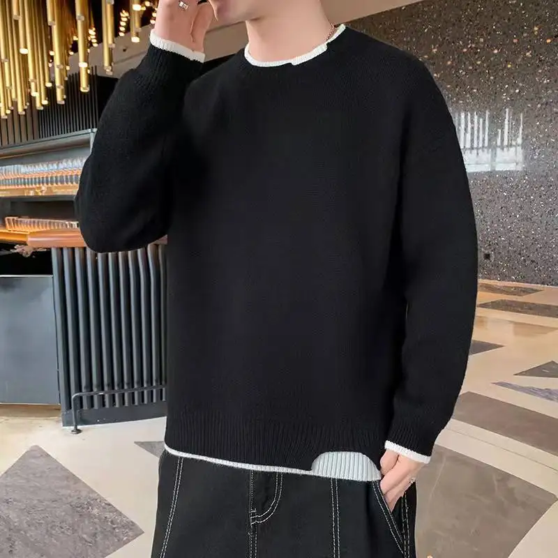 

Мужской свитер с Т-образным вырезом на весну и осень, новинка, Свободный Повседневный пуловер из двух частей с Т-образным вырезом, Однотонны...