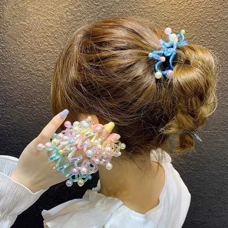 

Резинки для волос для телефона, резинки для волос, цветные яркие жемчужные бусины, спиральная форма, прозрачные цветные резинки для волос, ж...