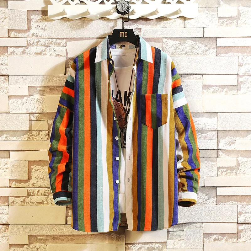 2020 New Japanese Multicolor Striped Men Shirt Fashion Loose Pure Cotton Long Sleeve Shirts Casual Beach Pocket Large Size | Мужская
