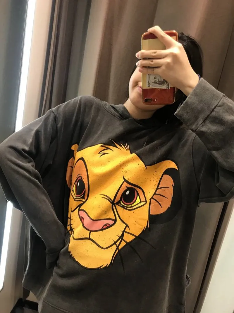 Модные свободные толстовки Kawaii, женские милые весенне-осенние Топы, Женские повседневные топы с рисунком льва, Милая футболка с длинным рукавом, женская футболка