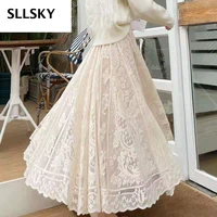 sllsky elastic casual high waist lace skirts women summer 2021 new korean a line black fine sand net long sweet female skirt