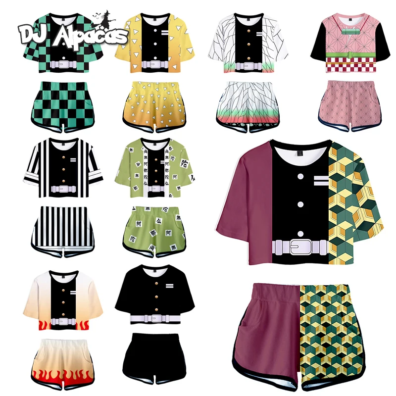 

Japanese Anime Kimetsu No Yaiba Cosplay Costume for Women Girl Short Demon Slayer Kamado Tanjirou Print Top Pants Set Sleepwear