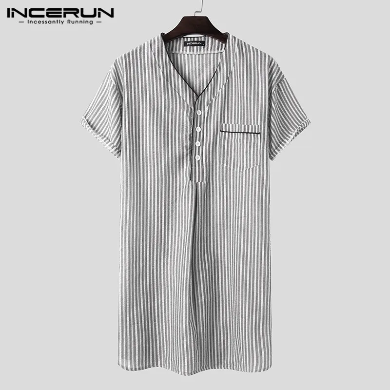 Leisure Striped Homewear Mens Cotton Sleepwear Summer Short Sleeve V Neck Nightgown Breathable Night Dress Shirts INCERUN S-5XL