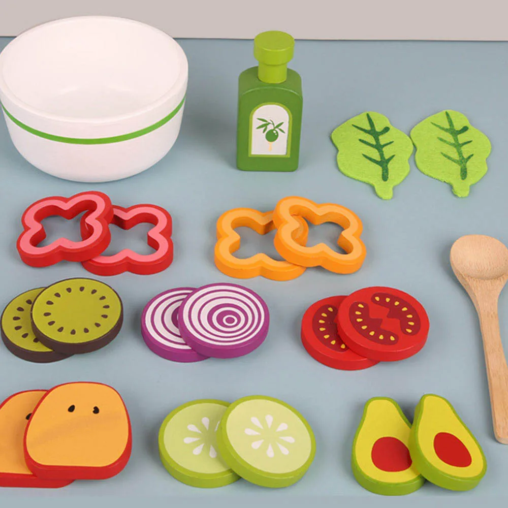 

Kid Interactive Educational Fruit Vegetable Salad Bowal Simulation Toy Wooden Kitchen Pretend Play House Cooking Dinner Toy Gift