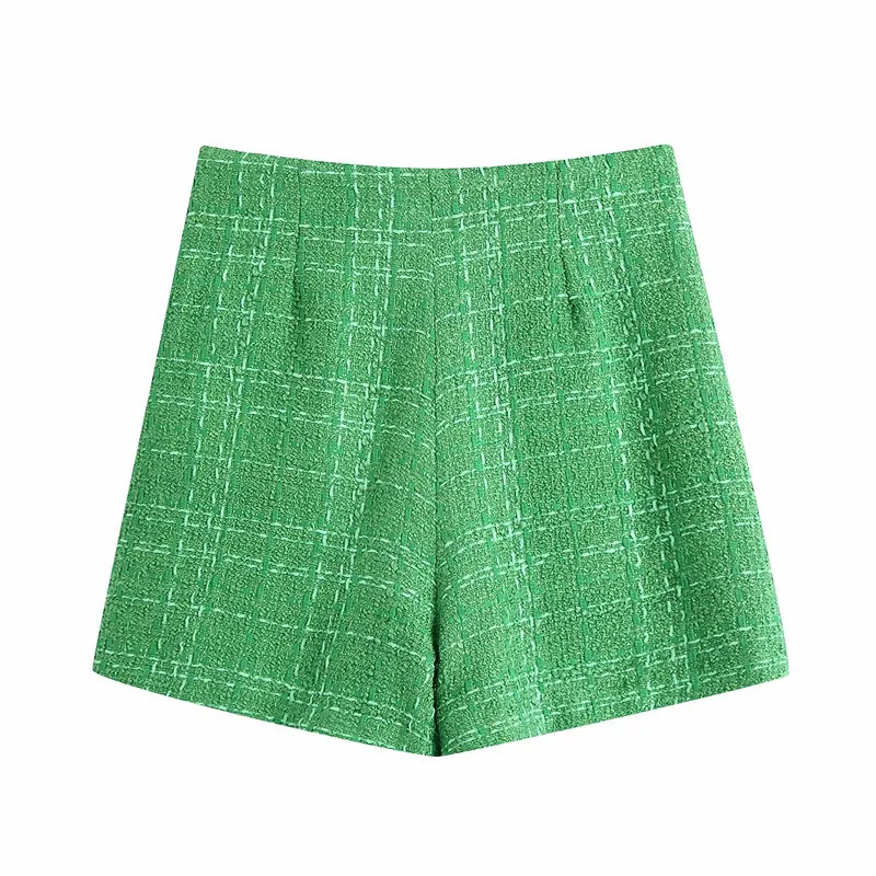 

Qeils Women 2021 Chic Fashion With Lining Tweed Shorts Vintage High Waist Back Zipper Female Short Pants Mujer