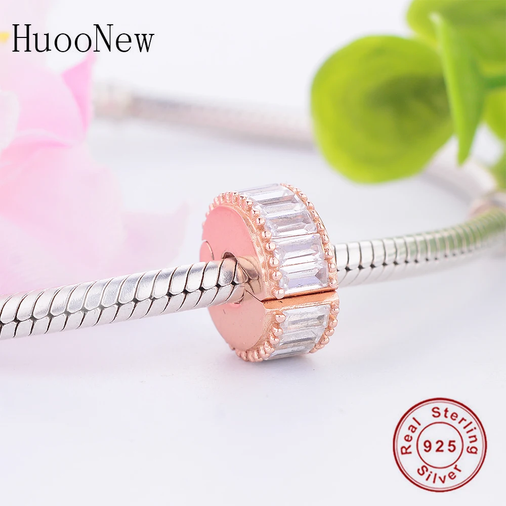 

Fit Original Charm Bracelet Clear Pink Crystal Gold Round Clip Charms Beads 925 Sterling Silver Jewelry Pulsera Berloque