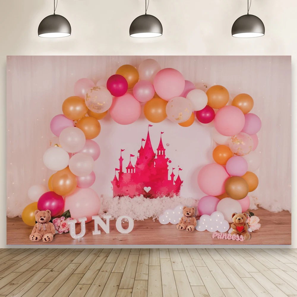 

Fairy Tale Hot Pink Castles Girl Princess Photo Background Newborn Baby One Birthday Shower Backdrop Party Decor Table Banner
