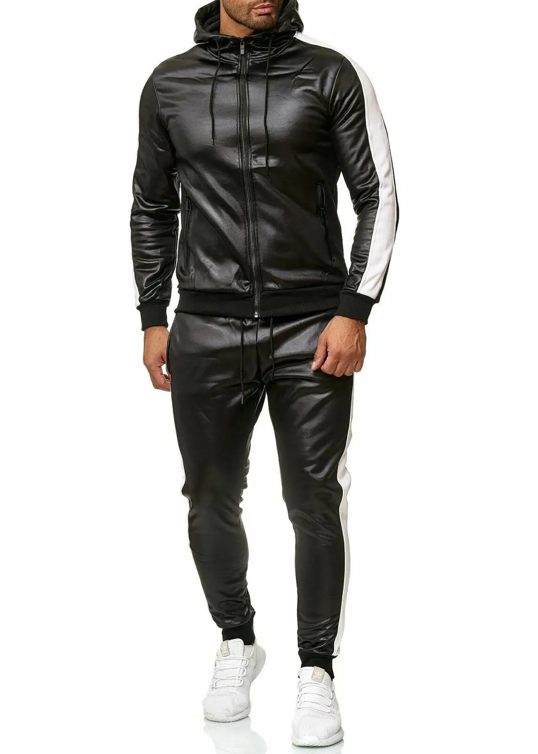 

Men's leather winter sportswear suit men's thick hoodie zipper jacket pants suit sports leisure suit
