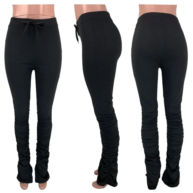 

High Waist Sweatpants Women Pleated Flare Pant Biker Trousers Sportwear Stacked Joggers Bell Bottom Pants Ladies Pencil Leggings