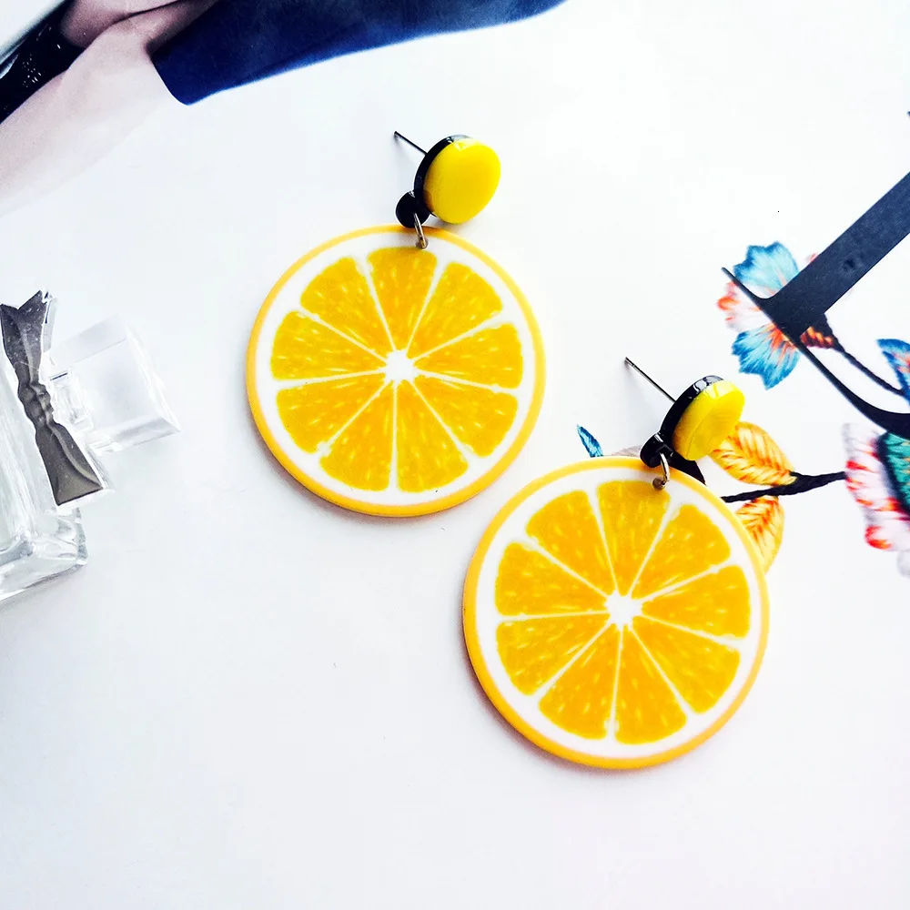 Корейский, геометрической формы, большие круглые свисающие серьги с фруктами, Милые Акриловые висячие серьги с лимоном для женщин и девушек, модные серьги