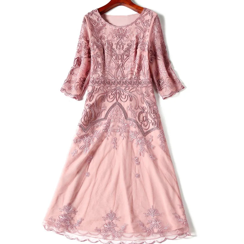 

Vestidos De Fiesta 2020 Spring Party Brides Mother Women O-Neck Luxurious Embroidery 3/4 Sleeve Mid-Calf Pink Wine Red Dress 4XL