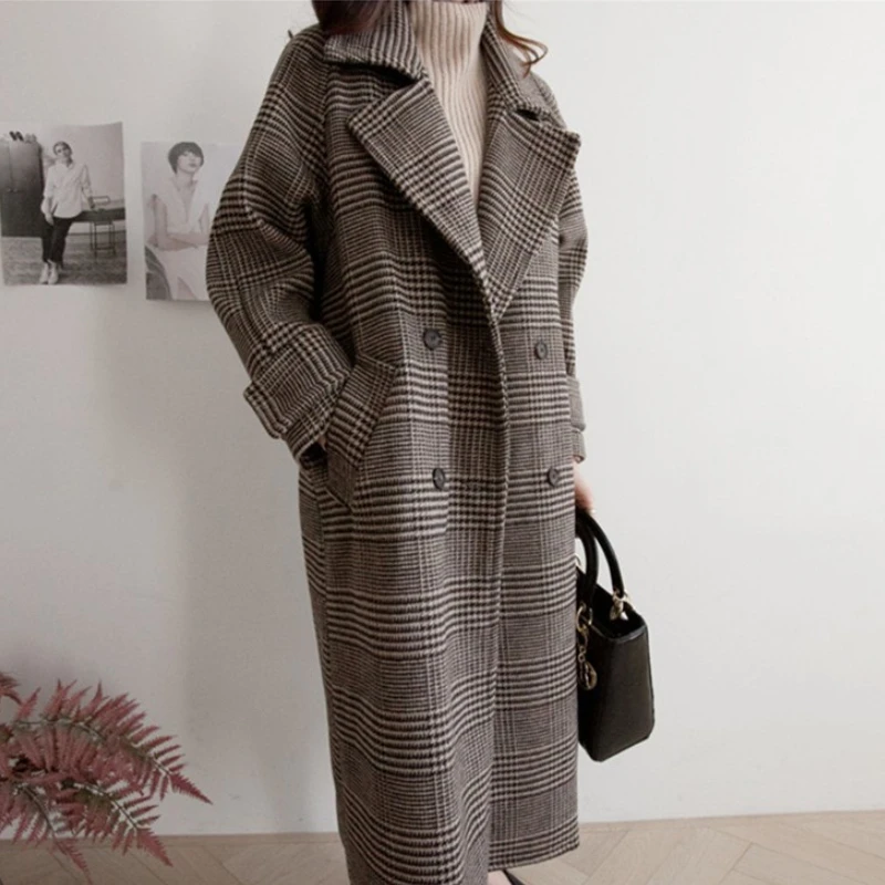 

Women Autumn Winter Cashmere Trench Jacket Long Casual Plaid Coat Thickness Warm Woolen Coat Button Pocket Overcoat Outwear