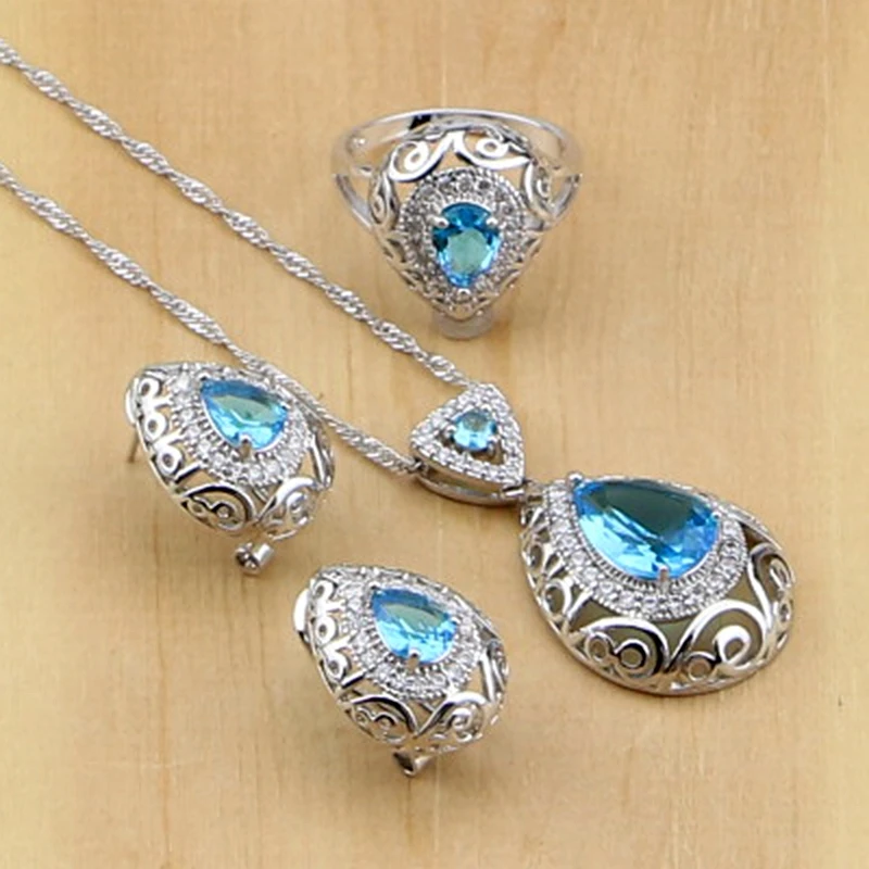 

Bridal Jewelry Sets Oval Sky Blue Zircon White CZ Beads Silver 925 Jewelry for Women Earrings Pendant Necklace Rings