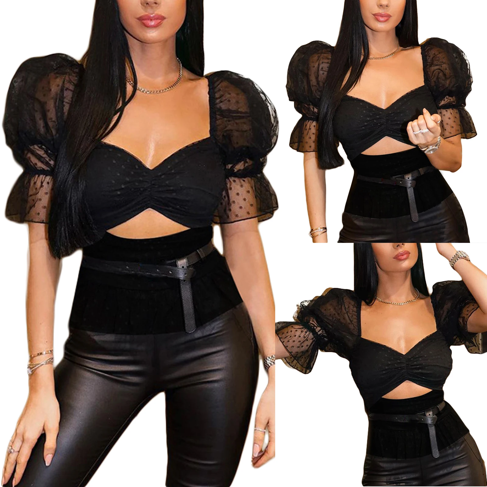 

Женский топ с коротким рукавом-фонариком, пикантная Однотонная футболка с V-образным вырезом и рюшами, 2021