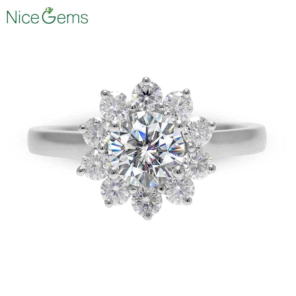 NiceGems 14K белое золото &quotЖасмин&quot кластер муассанит обручальное кольцо Круглый