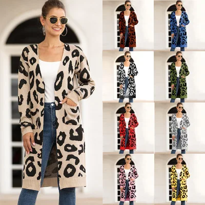 

2021 autumn and Winter New Sweater Long Camouflage Leopard Cardigan Sweater V-Neck Casual Wild Ladies Sweater Loose Home Service