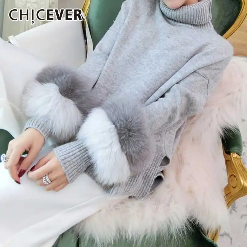 CHICEVER лоскутный меховой плюшевый свитер для женщин водолазка хит цвета