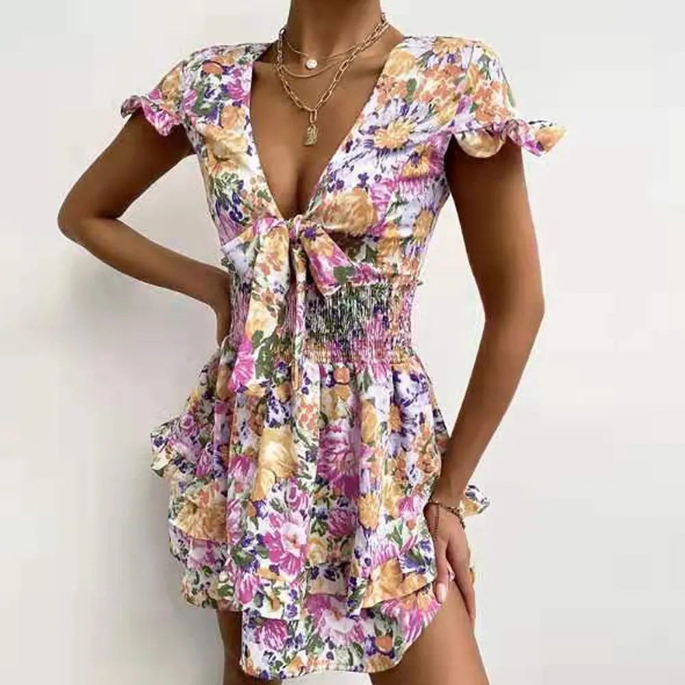

Женское платье трапециевидной формы с цветочным принтом, милое летнее мини-платье с бантом и оборками, v-образным вырезом и коротким рукавом...