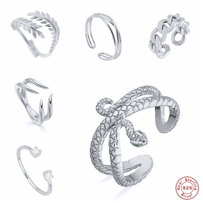 

GS 925 Sterling Silver Gold Multi-layer Leaf Branch Opening Rings For Women Clear Zircon Twisted Snake Chain Adjustable Ring