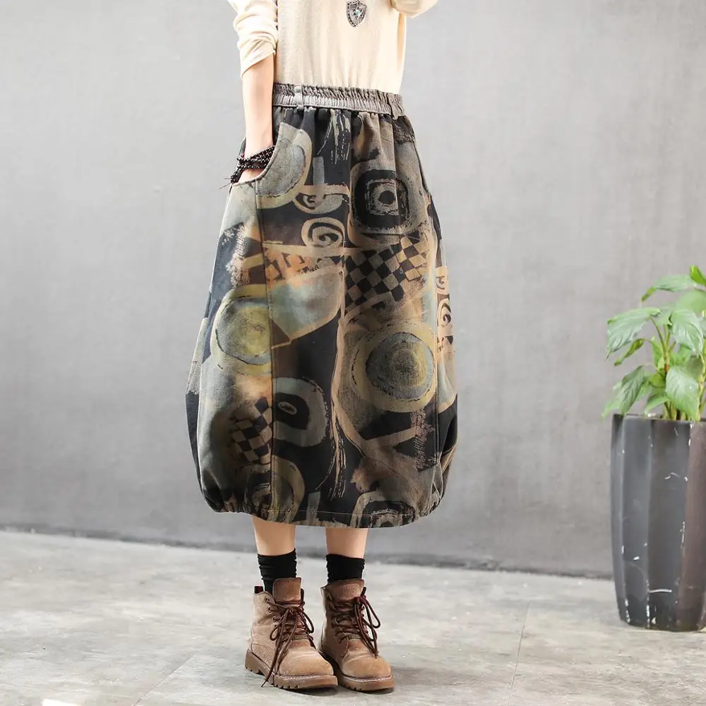 2020 Ретро осенне зимняя свободная бархатная юбка с эластичной резинкой на талии