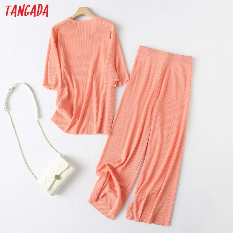 

Tangada 2021 Summer Women Tracksuit Sets Oversized Crop Knit Top and Wide Leg Pants Suit 2 Pieces Sets YU34